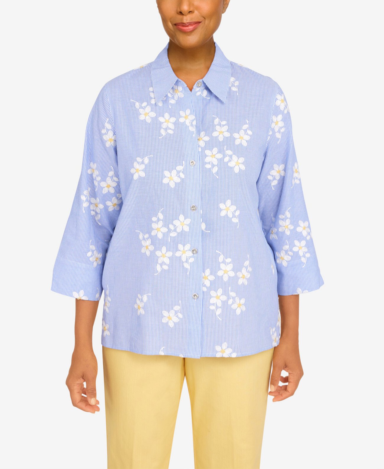 Women's Bright Idea Pinstripe Floral Button Down Top Alfred Dunner