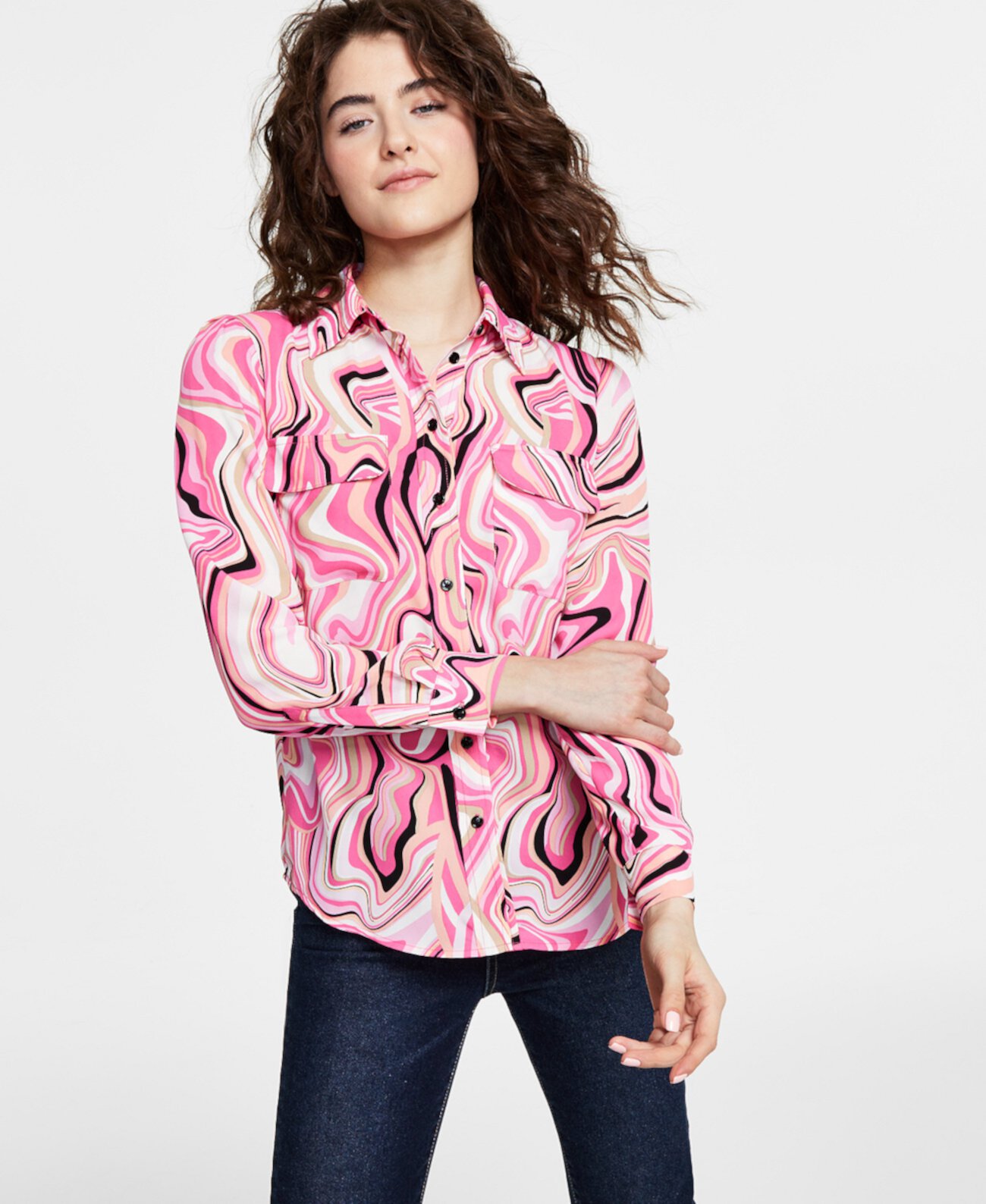 Женская блуза на пуговицах с вихревым принтом, созданная для Macy's Bar III
