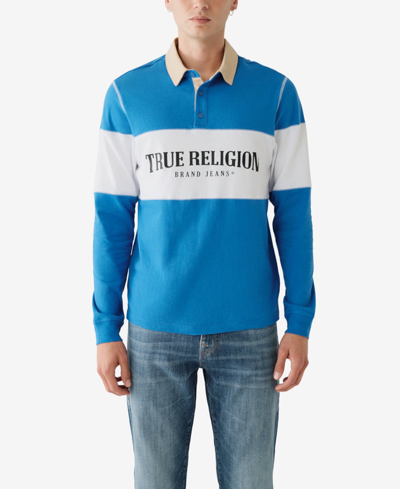 Мужская рубашка-поло с плоским замком и длинными рукавами со панелями в стиле регби True Religion