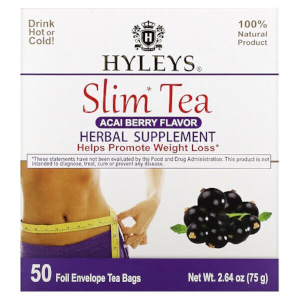 Чай для похудения Slim Tea с ягодами асаи, 50 чайных пакетиков, 75 г, 100% натуральный состав, поддерживающий метаболизм Hyleys Tea