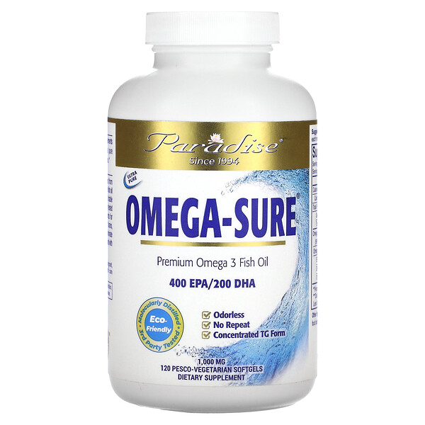 Omega-Sure, Премиум Омега 3 Рыбий Жир, 1000 мг, 120 песко-вегетарианских мягких капсул - Paradise Herbs Paradise Herbs