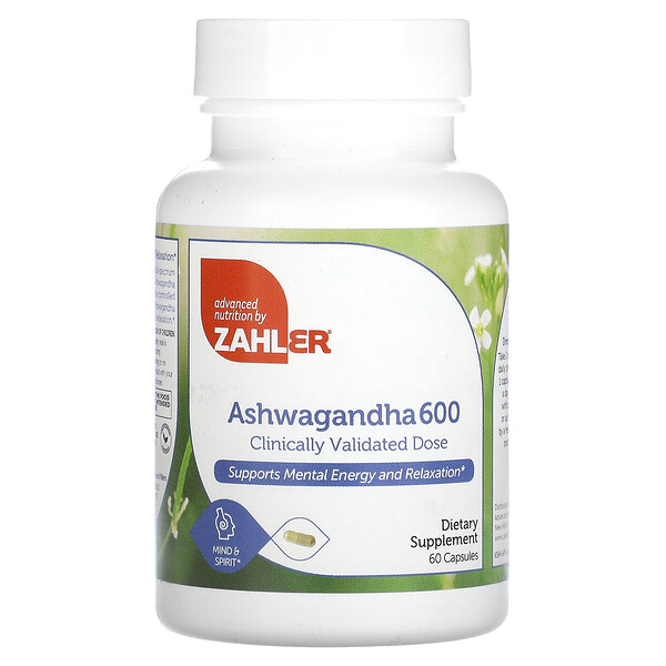 Ashwagandha 600, клинически подтвержденная доза, поддерживает умственную энергию и расслабление, 60 капсул Zahler
