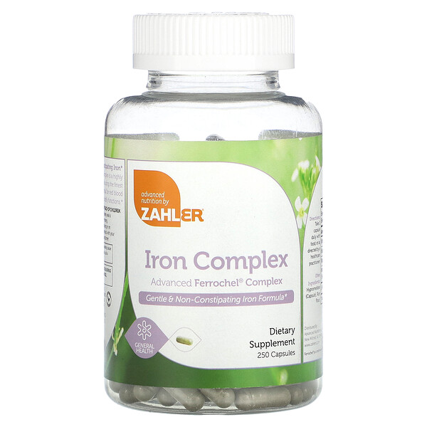 Iron Complex, нежная формула железа, не вызывающая запоров, 250 капсул Zahler