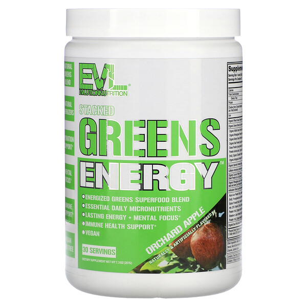 Stacked Greens Energy, Садовое яблоко, 7,3 унции (207 г) EVLution Nutrition