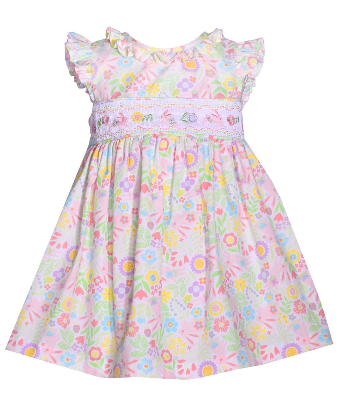 Присборенное платье с принтом кролика для маленьких девочек и развевающимися рукавами Bonnie Baby