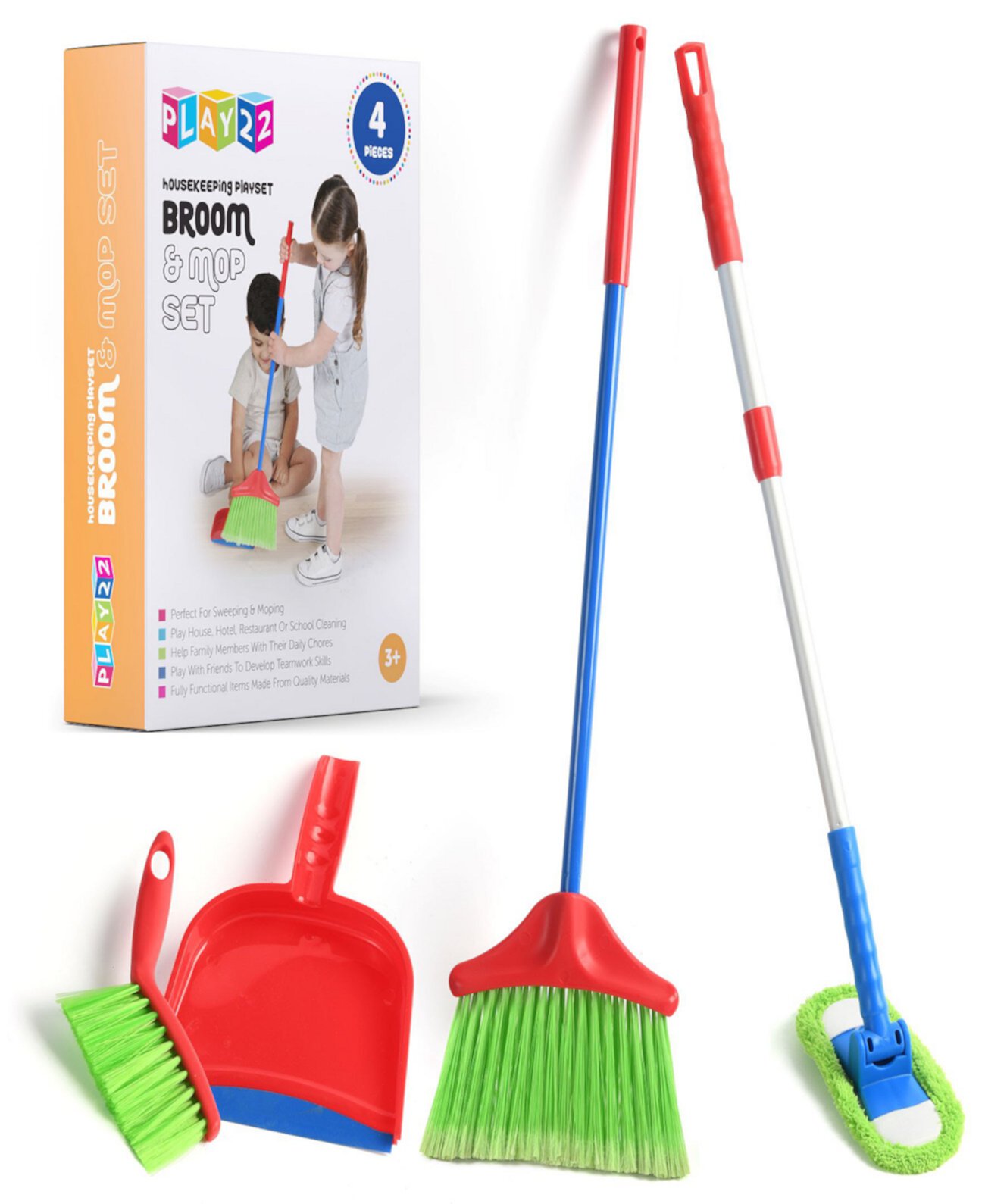 Детский набор для уборки включает в себя метлу, швабру и щетку для сбора пыли. Play22