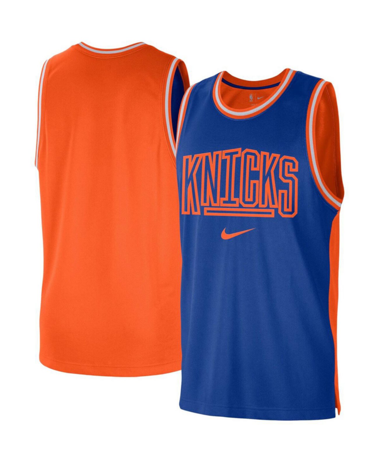 Мужская сине-оранжевая майка New York Knicks Courtside Versus Force Split DNA Performance Mesh Nike