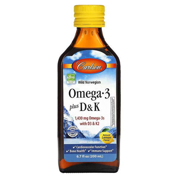 Omega 3 Plus D & K, Натуральный лимон, 1430 мг, 6,7 жидких унций (200 мл) Carlson