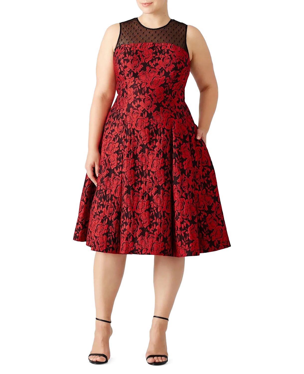 Цветочный &амп; Платье миди трапециевидной формы Swiss Dot в горошек Carmen Marc Valvo