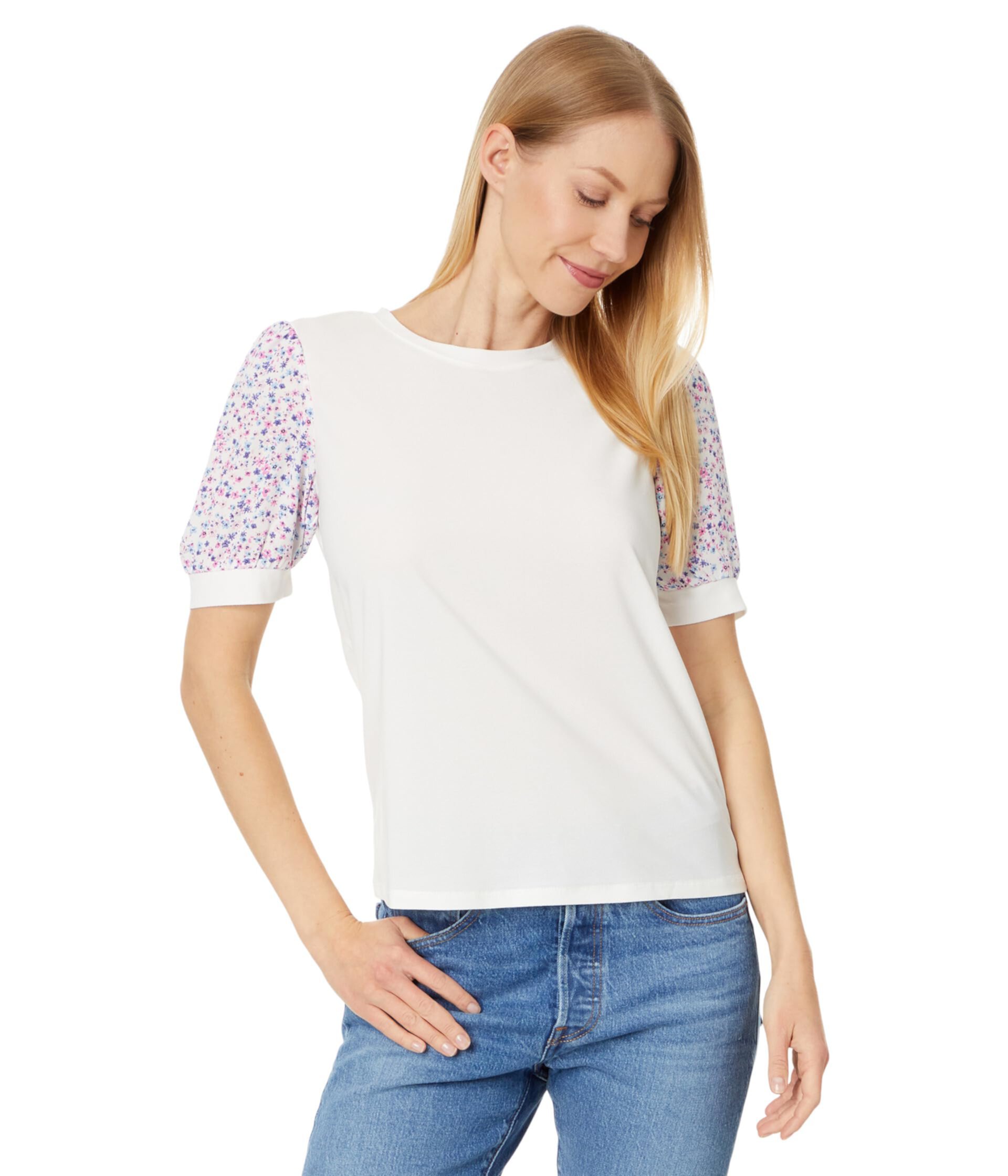 Crew Neck Mixed Media Short Sleeve Top CeCe