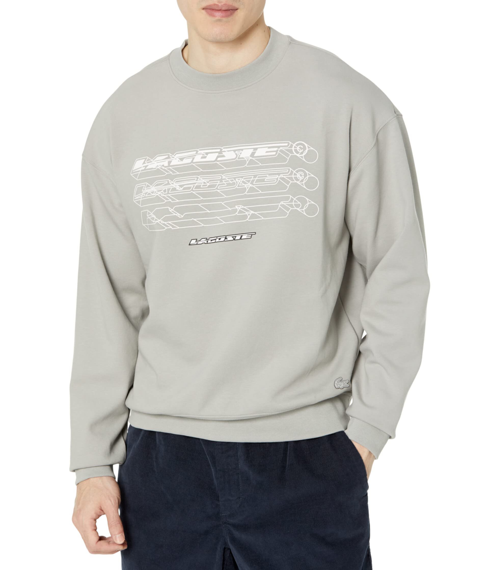 Long Sleeve Loose Fit Double Face Front Graphic Crew Neck Sweatshirt Lacoste