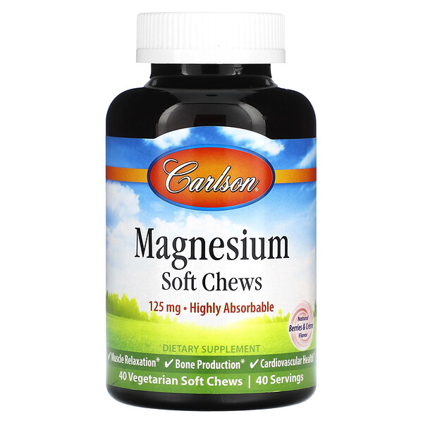 Магний, Натуральные Ягоды и Крем - 125 мг - 40 вегетарианских мягких жевательных конфет - Carlson Carlson