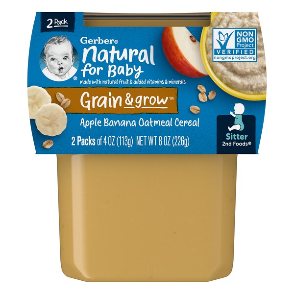 Natural for Baby, Grain & Grow, 2nd Foods, Apple Banana Oatmeal Cereal, 2 Pack, 4 oz (113 g) Each GERBER