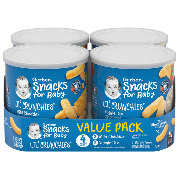 Snacks for Baby, Lil' Crunchies, Baked Grain Snack, 8+ Months, Mild Cheddar and Veggie Dip, 4 Canisters, 1.48 oz (42 g) Each GERBER