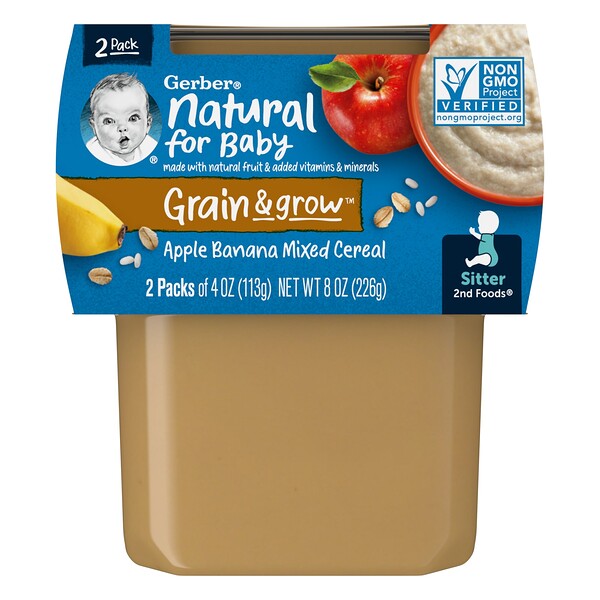 Natural for Baby, Grain & Grow, 2nd Foods, Apple Banana Mixed Cereal, 2 Pack, 4 oz (113 g) Each GERBER