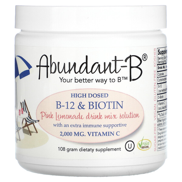 Abundant-B High Dosed B-12 и смесь для питья с биотином, розовый лимонад, 108 г Sufficient C