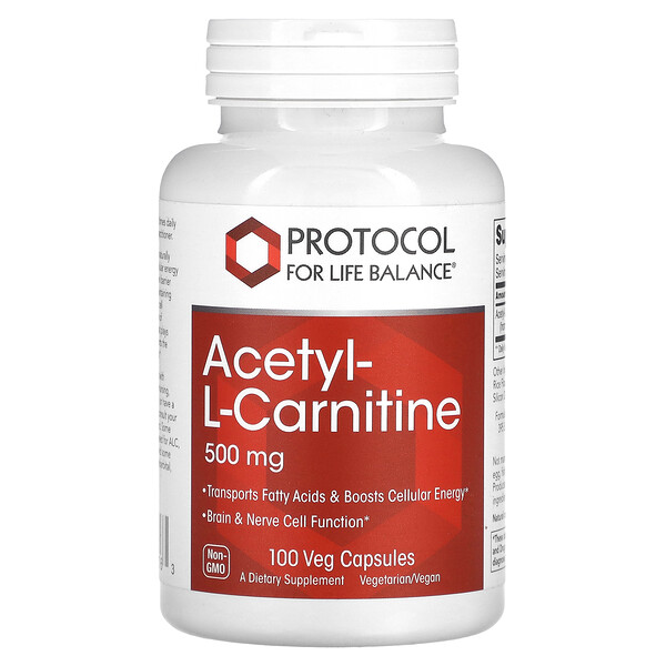 Ацетил-L-Карнитин - 500 мг - 100 вегетарианских капсул - Protocol for Life Balance Protocol for Life Balance