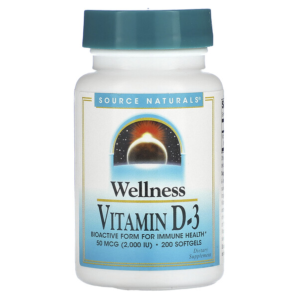 Wellness, Витамин D-3, 50 мкг (2000 МЕ), 200 мягких таблеток Source Naturals
