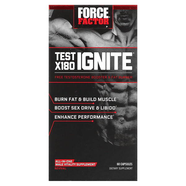 Test X180 Ignite, Бесплатный усилитель тестостерона и сжигатель жира, 60 капсул Force Factor
