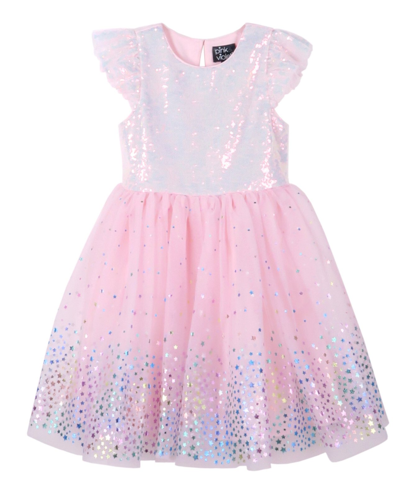 Little Girls Sequin Flutter Sleeve Mesh Dress Pink & Violet