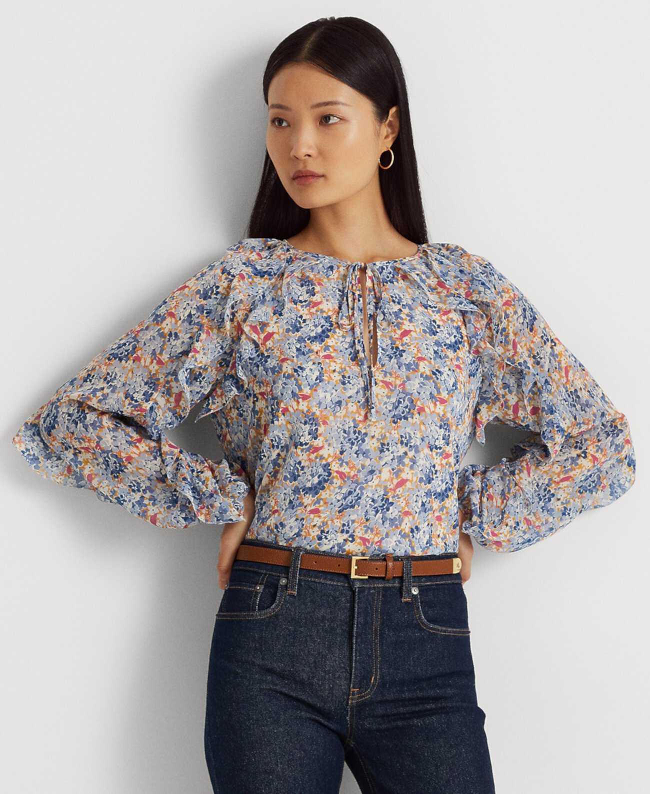 Женская блуза из жатого жоржета с цветочным принтом и завязками на шее Ralph Lauren