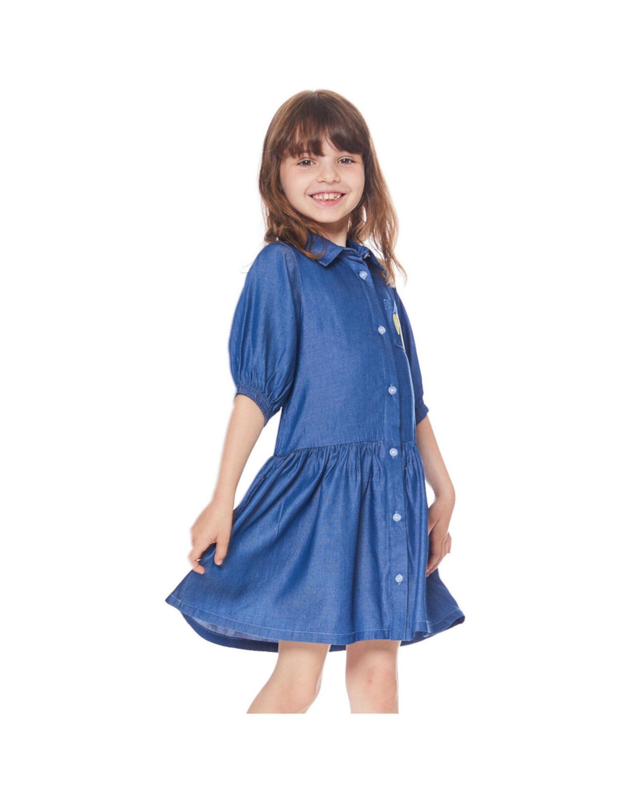 Платье для девочки с рукавами 3/4 и карманом Голубое шамбре - Малыши|Детские Deux par Deux