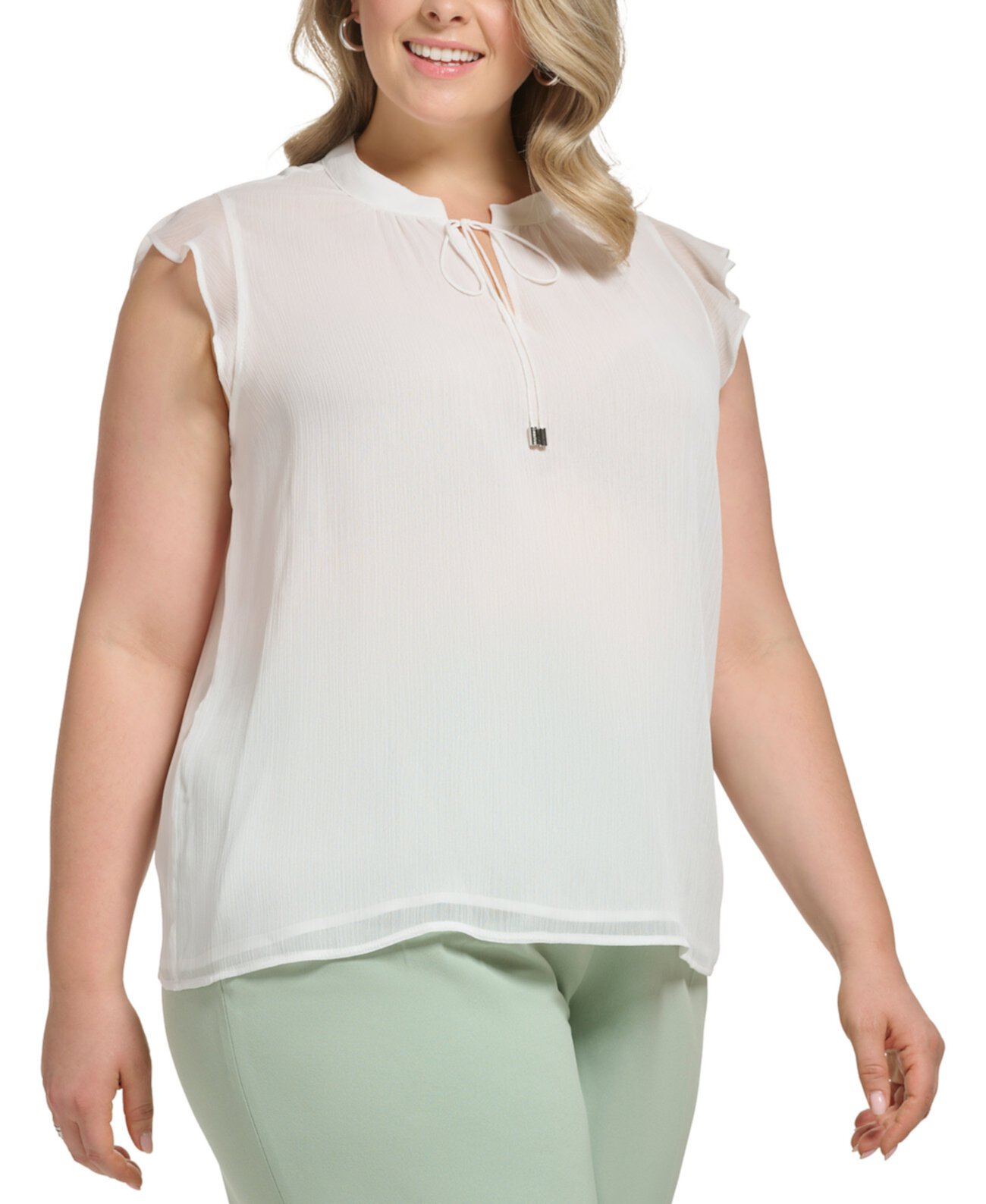 Блузка больших размеров с рукавами-крылышками и завязками на шее Calvin Klein