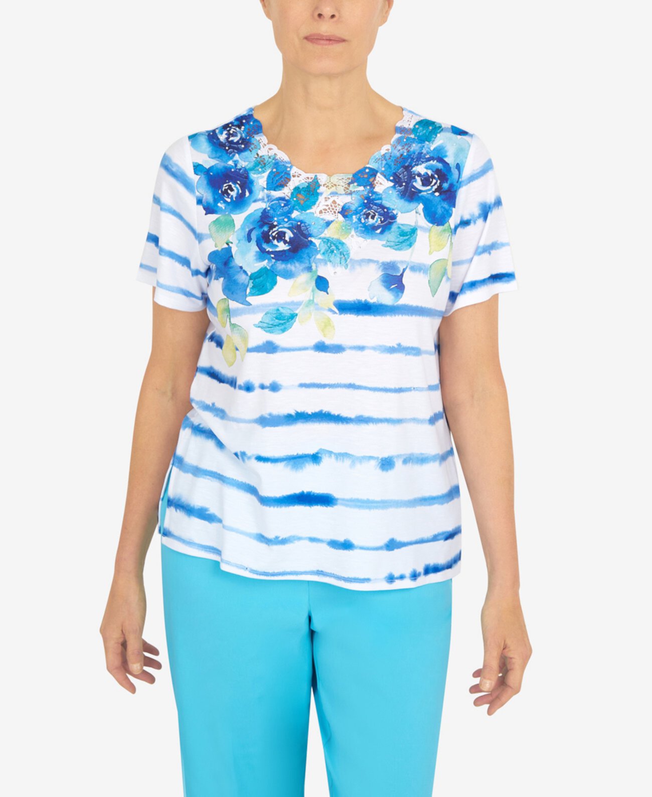 Женская футболка Cool Vibrations с кружевным вырезом в цветочную полоску Alfred Dunner