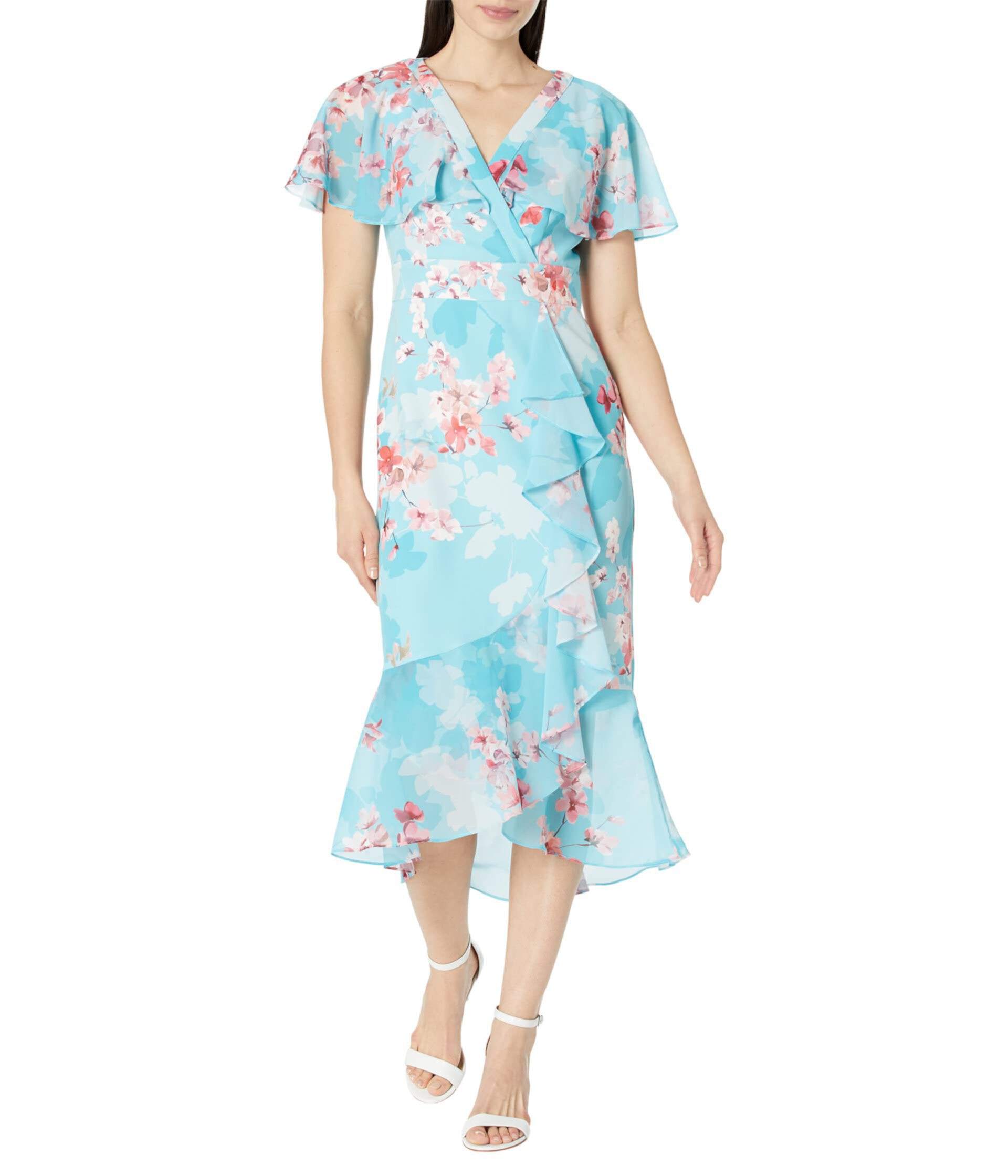 Платье с цветочным принтом и рукавами-крылышками, каскадом и рюшами по подолу Adrianna Papell