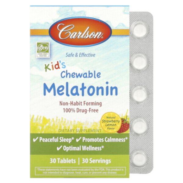 Детский жевательный мелатонин, клубника и лимон, 30 таблеток Carlson