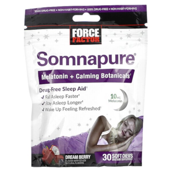 Somnapure, Мелатонин + успокаивающие растительные компоненты, ягода мечты, 30 мягких жевательных конфет Force Factor