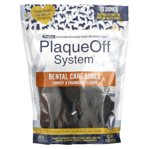 PlaqueOff System, Dental Care Bones, For Dogs, Turkey & Cranberry, 13 Bones, 17 oz (482 g) ProDen