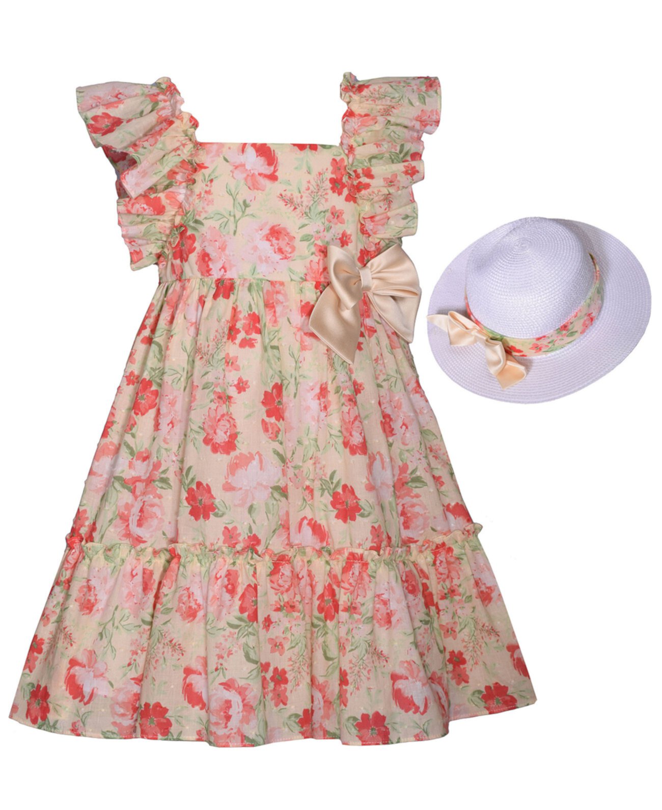 Toddler Girls Flutter Sleeve Floral Hat Dress, 2 Piece Set Bonnie Jean
