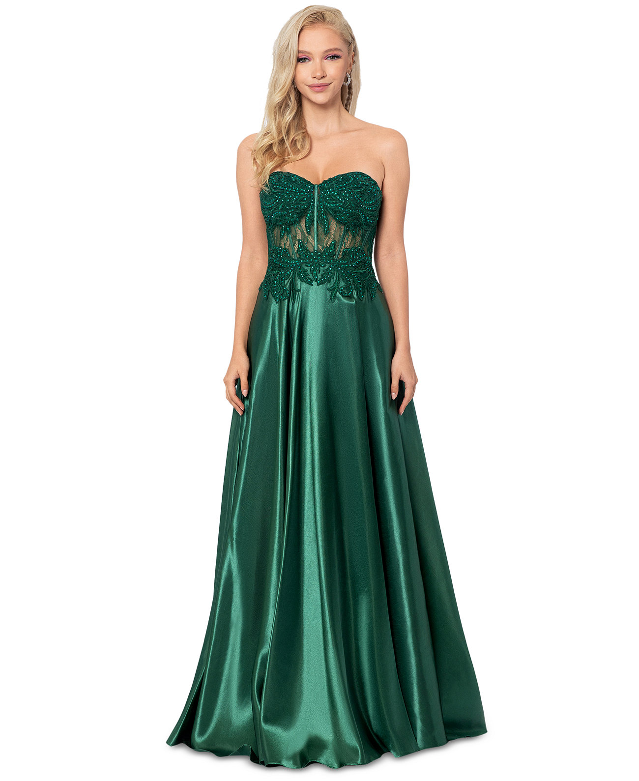 Juniors' Lace-Up Lace-Bodice Gown Blondie Nites