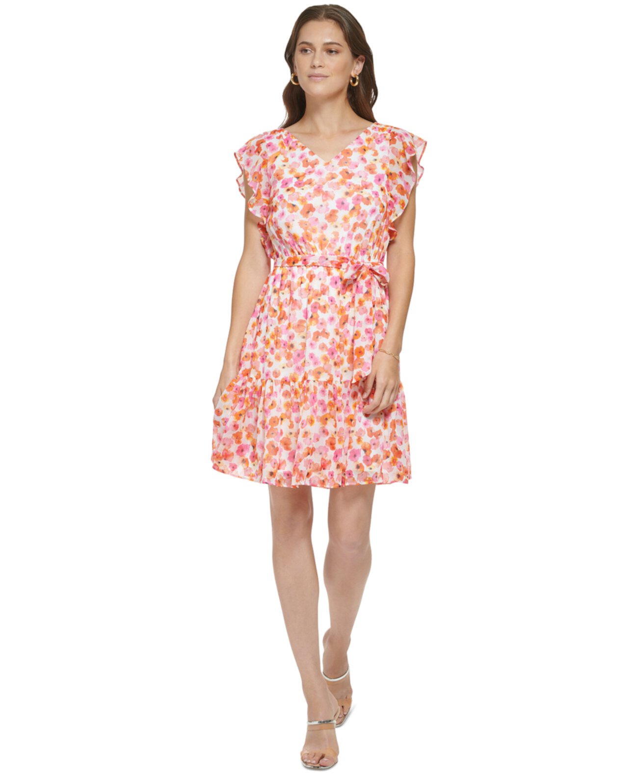 Женское платье с цветочным принтом и оборками на рукавах и завязках на талии DKNY