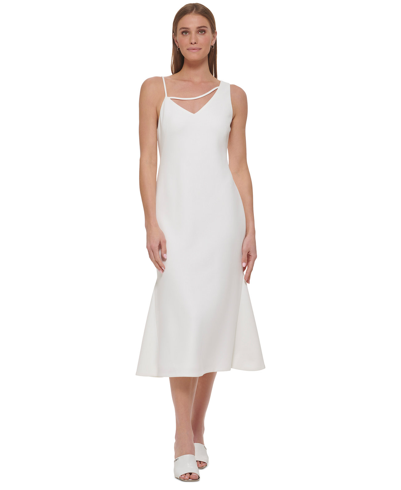 Женское однотонное платье миди с асимметричным плечом и v-образным вырезом DKNY