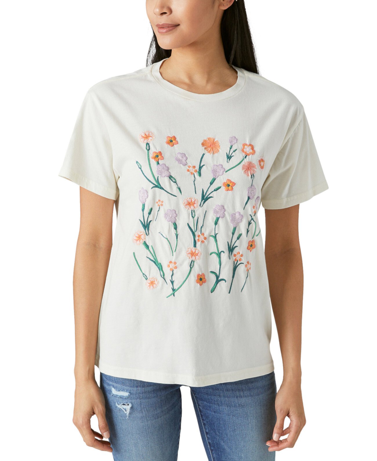 Женская хлопковая футболка с цветочной вышивкой Lucky Brand