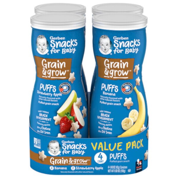 Snacks for Baby, Grain & Grow, Puffs, 8+ Months, Banana, Strawberry Apple, 4 Canisters, 1.48 oz (42 g) Each GERBER