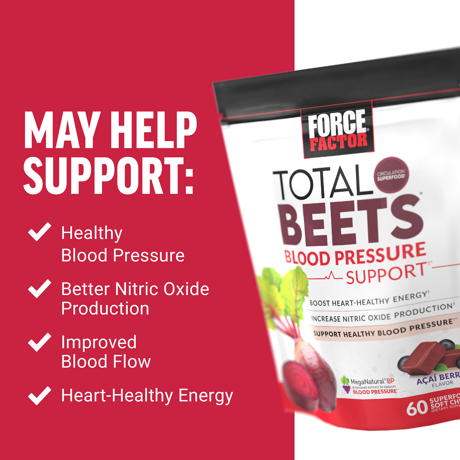 Total Beets Blood Pressure Support, Acai Berry, 60 Soft Chews (Мягкие жевательные конфеты) Force Factor