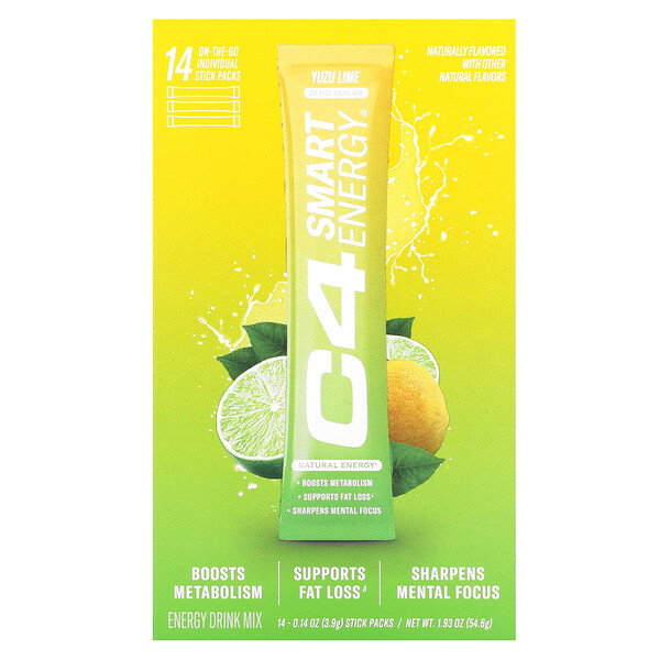 C4 Smart Energy Drink Mix, лайм юдзу, 14 пакетиков по 0,14 унции (3,9 г) каждый Cellucor