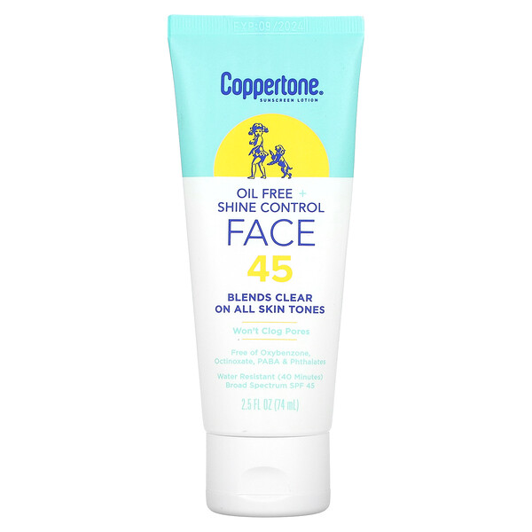 Sunscreen Lotion, Oil Free + Shine Control, Face, SPF 45, 2.5 fl oz (74 ml) Coppertone