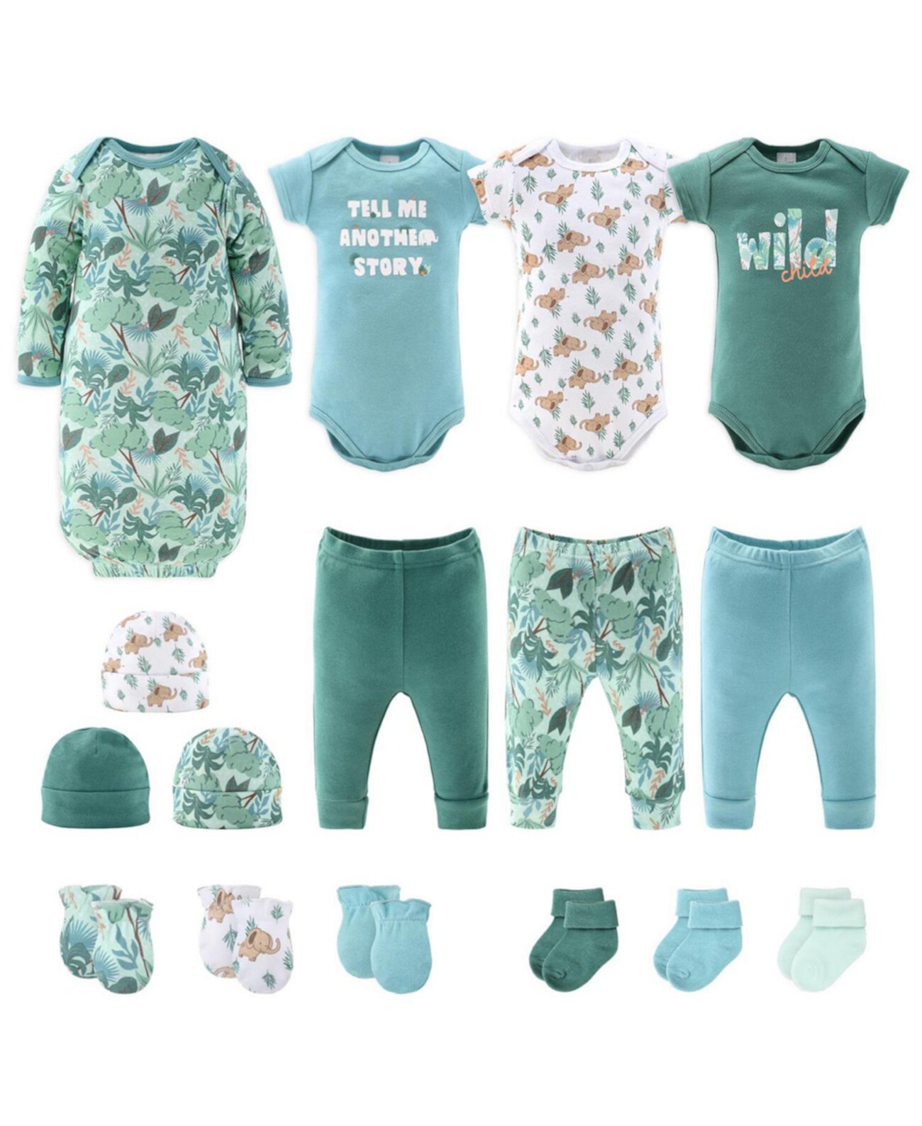Подарочный набор Newborn Layette для мальчиков или девочек, сине-зеленые дикие джунгли, 16 основных предметов, The Peanutshell