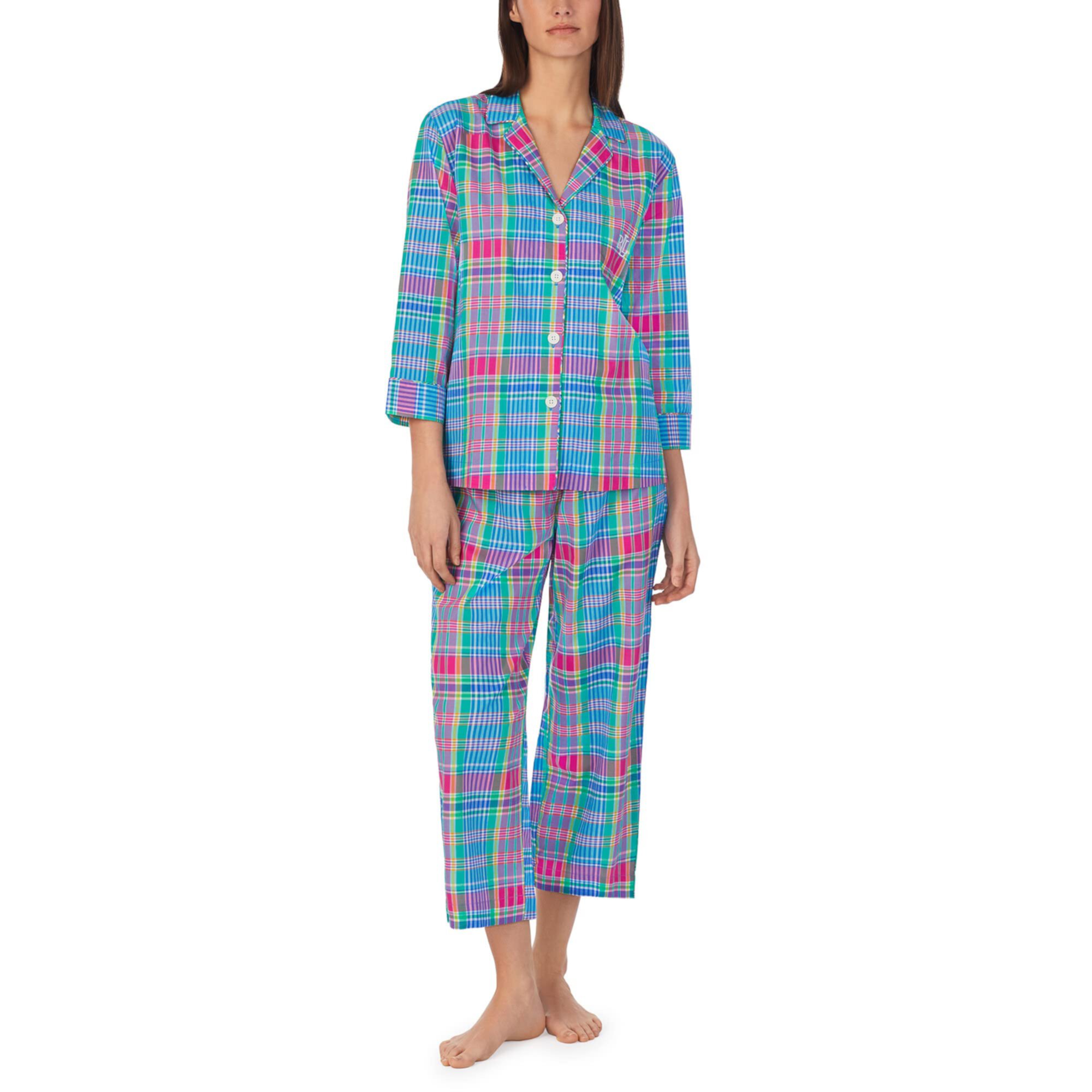 Длинный пижамный комплект с воротником-стойкой и рукавами 3/4 LAUREN Ralph Lauren