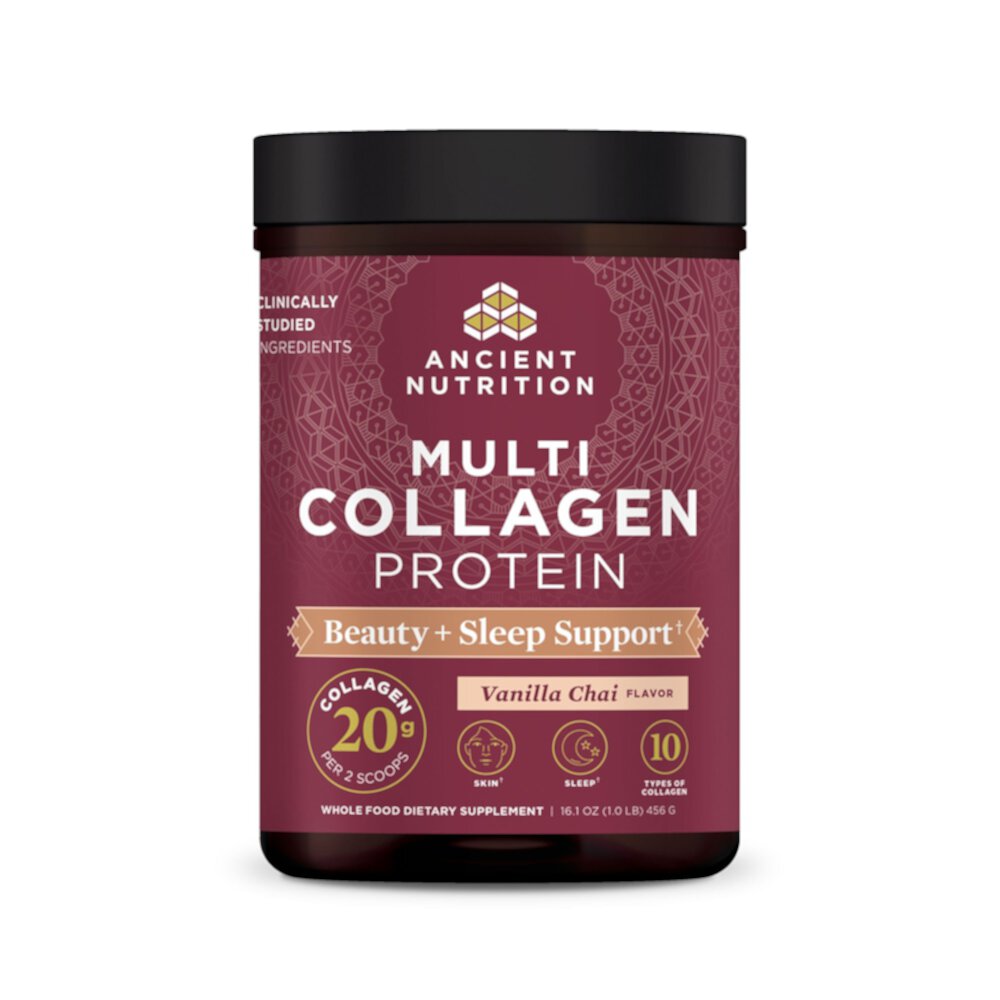 Multi Collagen Protein Beauty + Sleep Support Vanilla Chai -- 16.5 oz (Унции) Ancient Nutrition