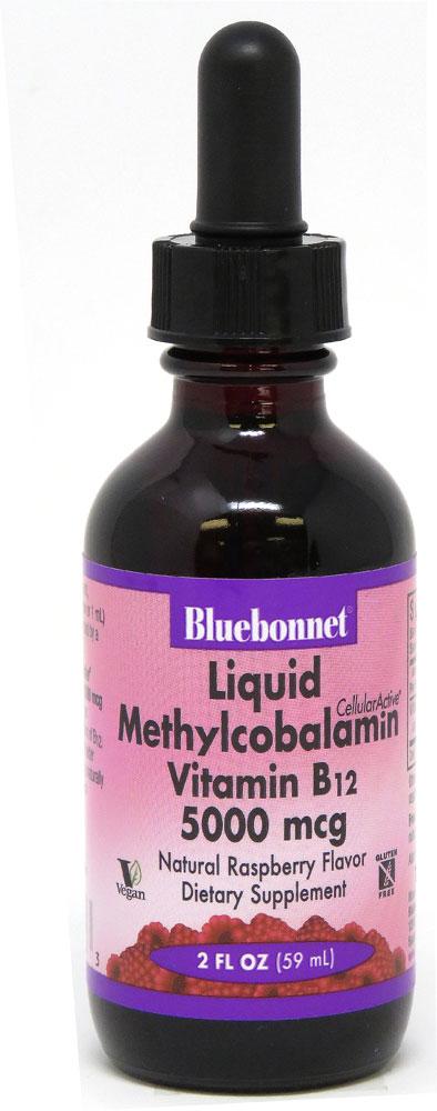 Жидкий метилкобаламин, витамин B12, натуральная малина, 5000 мкг, 2 жидких унции Bluebonnet Nutrition