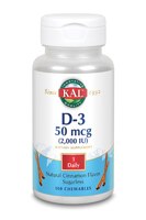 Витамин D-3 без сахара, с корицей - 2000 МЕ - 100 жевательных таблеток - KAL KAL