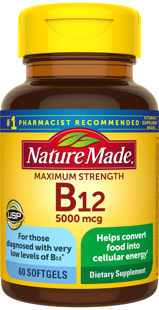 Витамин B12 максимальной силы - 5000 мкг - 60 мягких капсул - Nature Made Nature Made