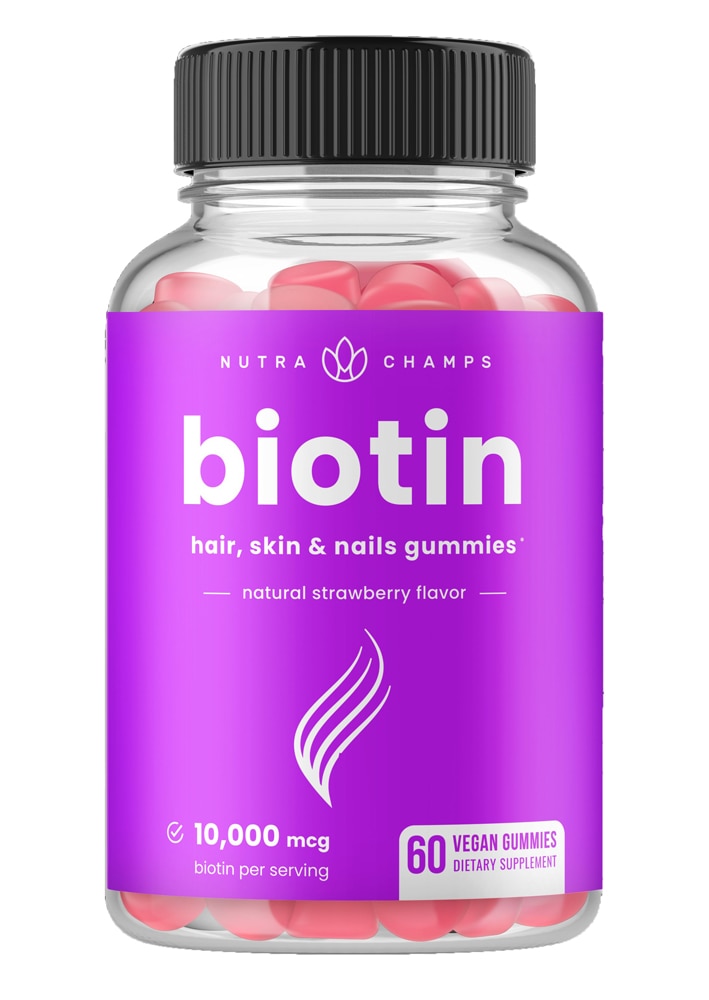 Biotin Hair Skin & Nails Gummies (Жевательные конфеты) Natural Strawberry -- 10000 mcg - 60 Vegan Gummies NutraChamps