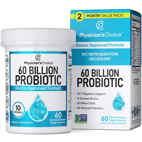 60 миллиардов пробиотиков со смесью пребиотических волокон -- 60 растительных капсул с отсроченным высвобождением Physician's Choice