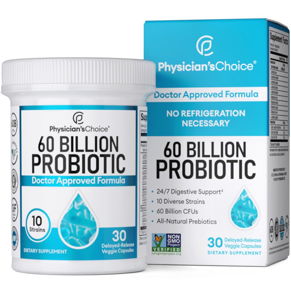 60 миллиардов пробиотиков со смесью пребиотических волокон — 30 растительных капсул с отсроченным высвобождением Physician's Choice